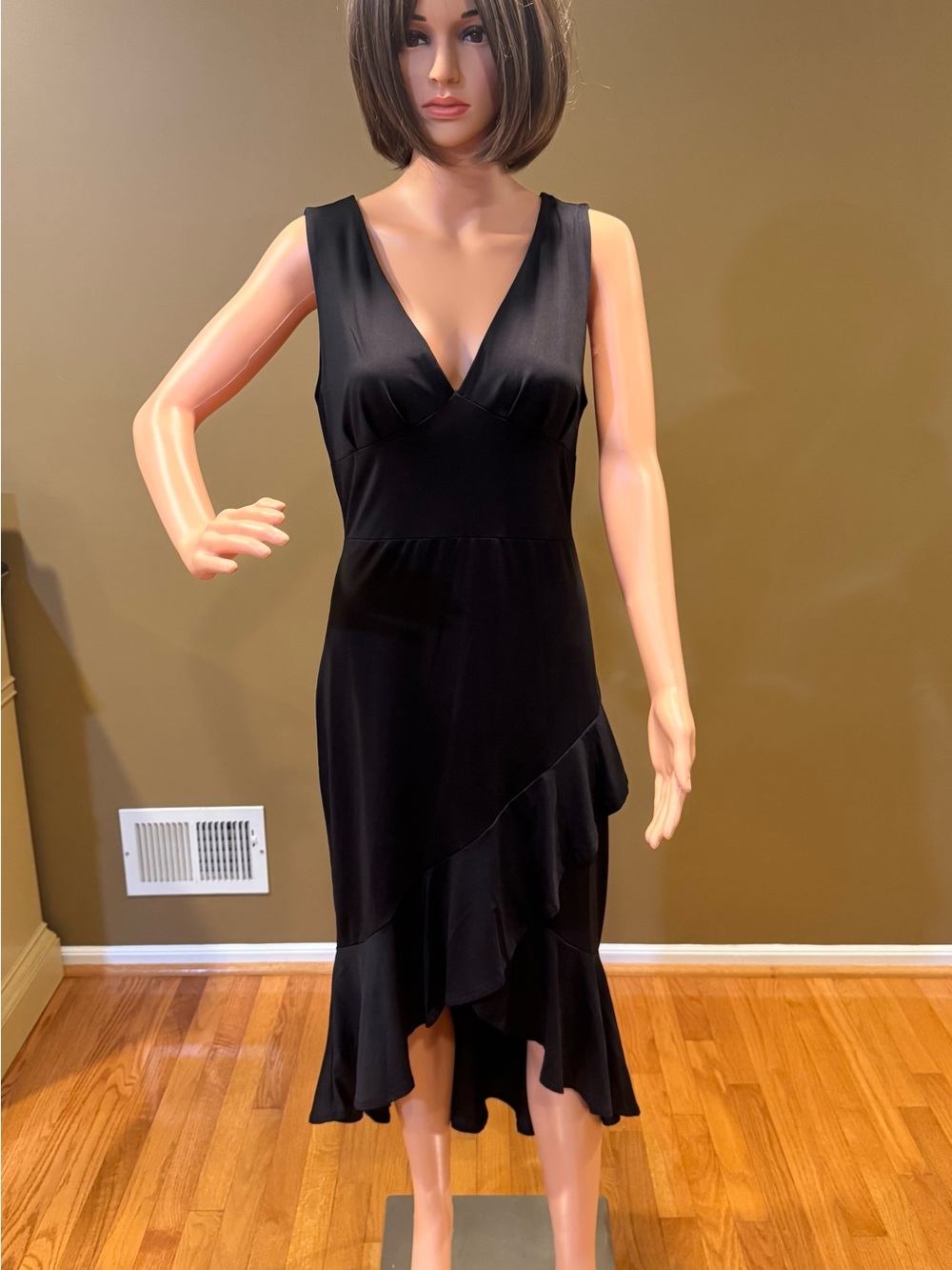 Elegant Black V-Neck High-Low Ruffle Dress